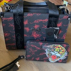 Viral Ed Hardy Black and Red Butterfly Tote Bag with matching wallet